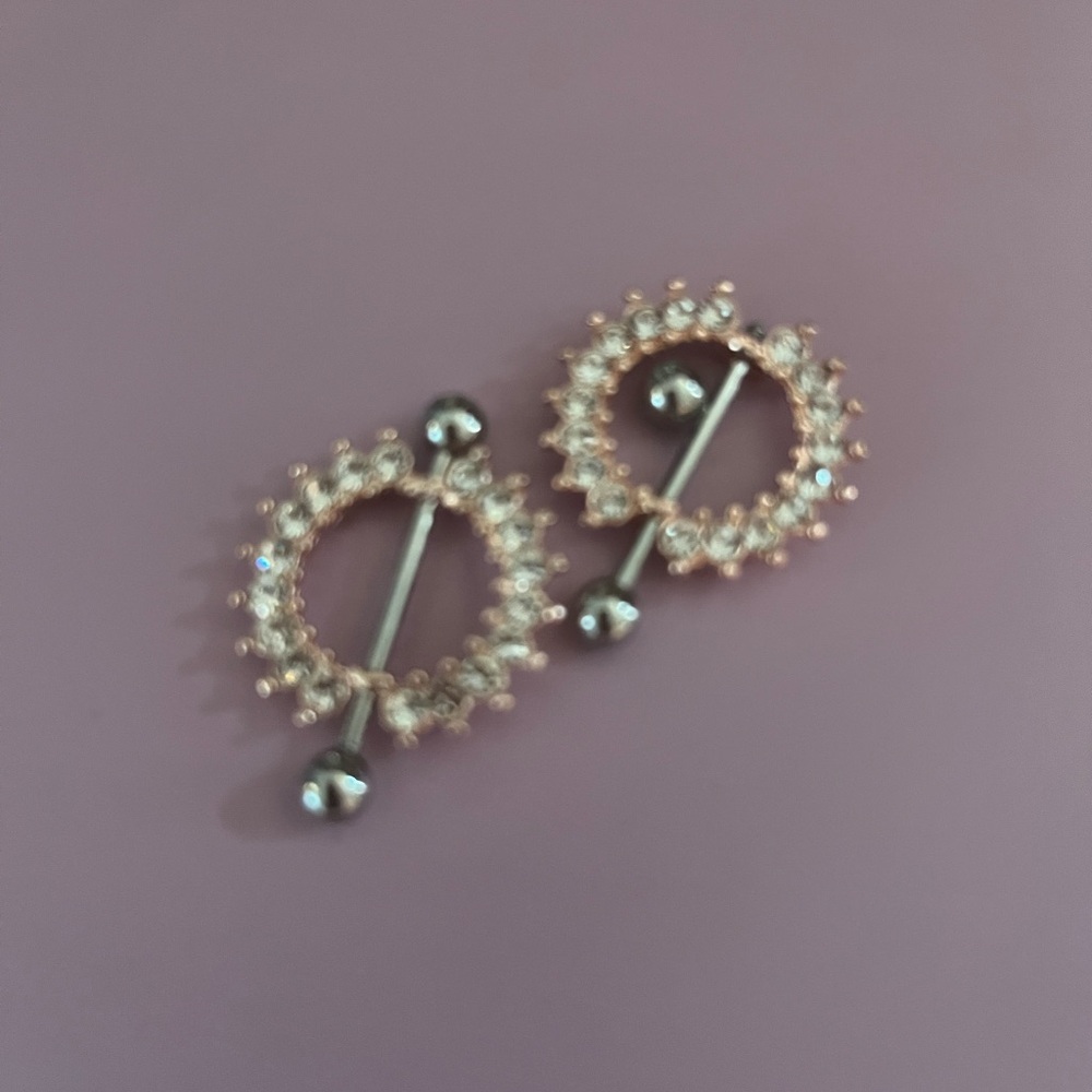 Rose Gold Crystal Circle Nipple Barbells - Women Jewelry